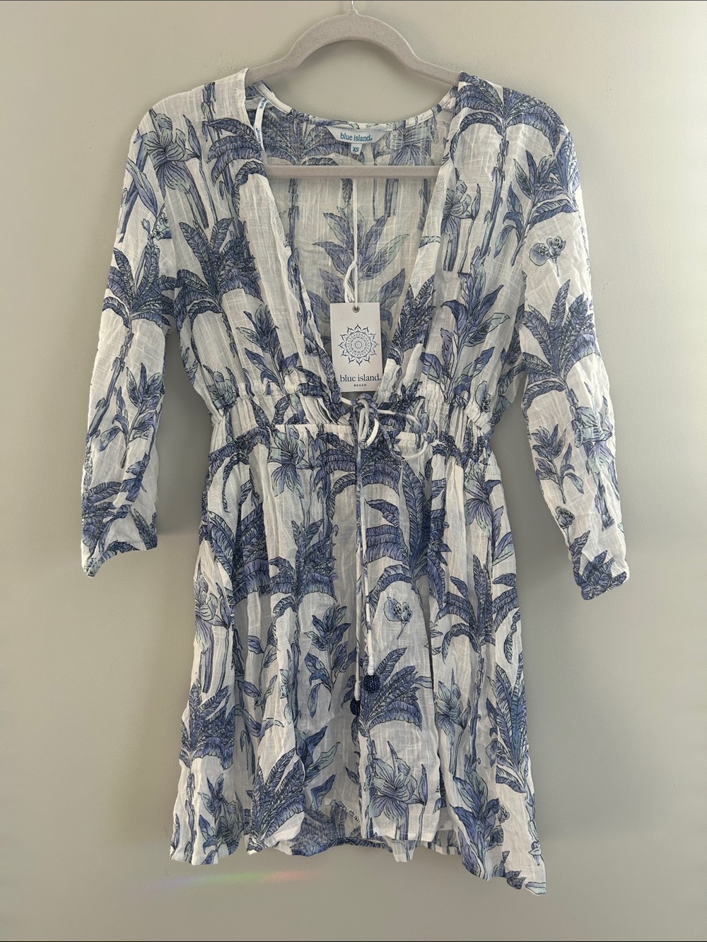 blue island White and Blue Botanical Print V-Neck Drawstring Tunic Cover-Up